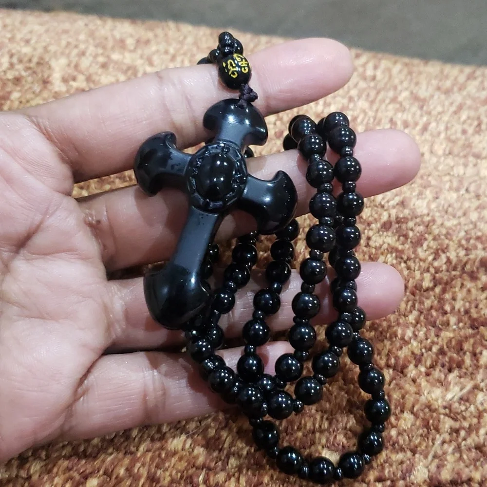 Natural crystal black obsidian cross necklace Amulet pendant with chain - Picture 6 of 10
